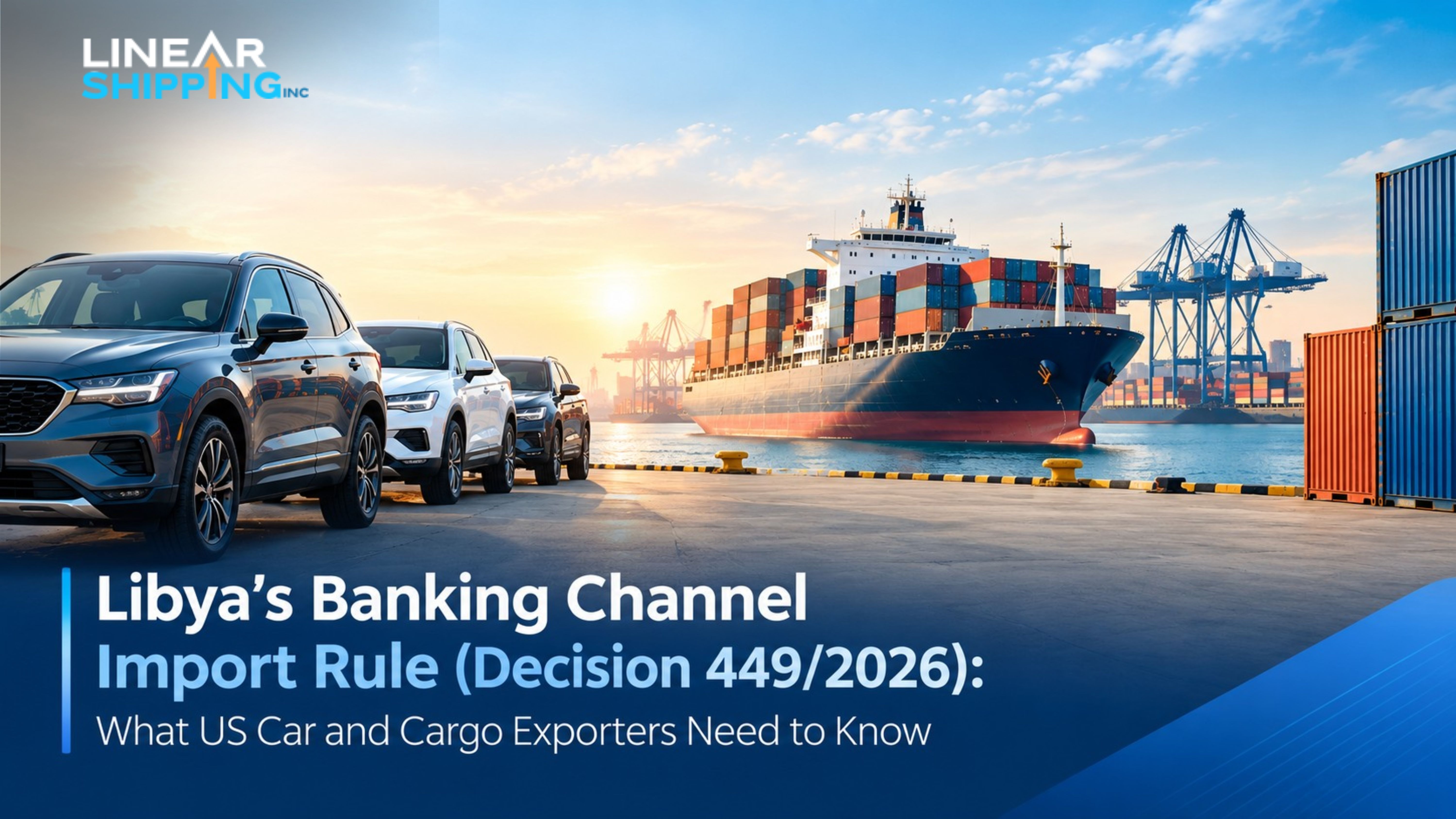 A cargo ship at a Libyan port overlaid with the concept of bank-channel trade documentation and customs clearance