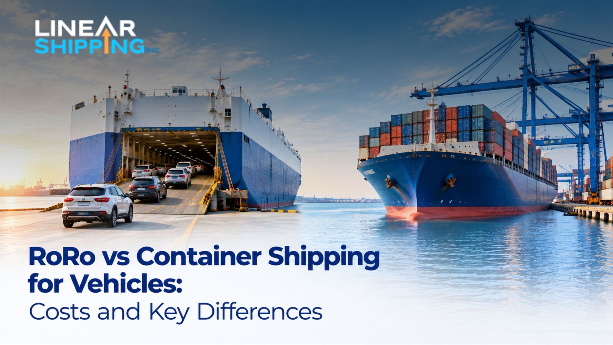 Split scene showing a car being driven aboard a roll-on roll-off vessel on one side and a car being loaded into a shipping container on the other